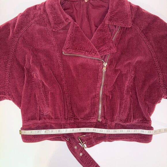 Free People Slouchy Dolman Moto Jacket Corduroy Burgundy Full Zip Lined Belted M - Picture 11 of 16